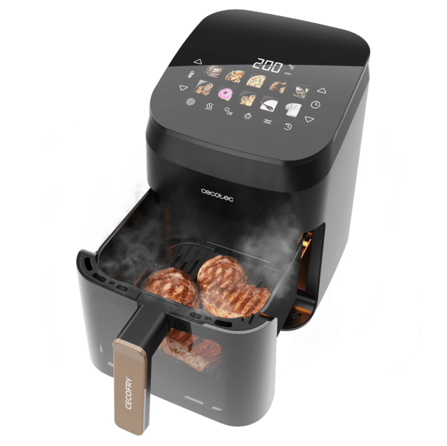 Cecotec Cecofry&Grill Smokin' 4500 Freidora De Aire Con Doble Grill Y Ahumador Para Dorado Perfecto Y Sabor De Parrilla En Carnes Capacidad De 4.5 Litros Y Potencia De 1900 W Para Platos Saludables. Freidora Sin Aceite Airfryer