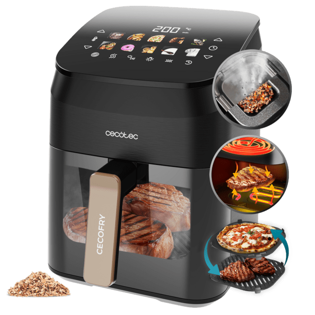 Cecotec Cecofry&Grill Smokin' 4500 Freidora de aire con doble grill y ahumador para dorado perfecto y sabor de parrilla en carnes capacidad de 4.5 litros y potencia de 1900 W para platos saludables. Freidora sin aceite airfryer