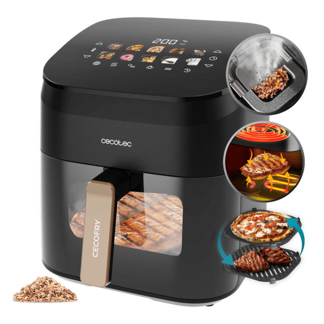 Cecotec Cecofry&Grill Smokin' 6500 Freidora de aire con doble grill y ahumador para dorado perfecto y sabor de parrilla en carnes capacidad de 6 5 litros y potencia de 2200 W para platos saludables. Freidora sin aceite airfryer