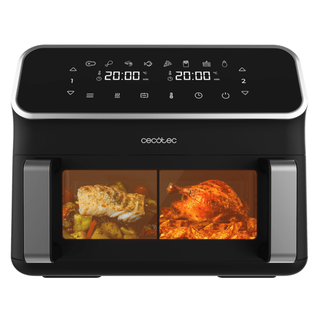 Cecotec Cecofry Panoramic 9000 Freidora de aire digital con ventana 9 L de capacidad pared divisoria móvil para optar entre dos cestillos con temperatura dual o convertirse en una sola cubeta. Freidora de aire digital con venta
