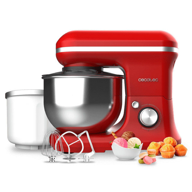 Cecotec Cecomixer Merengue 5L 1200 Ice-Cream Red Batidora Amasadora con 5 funciones diseño elegante y accesorios para batir y amasar. Incluye función para hacer helado. Batidora Amasadora