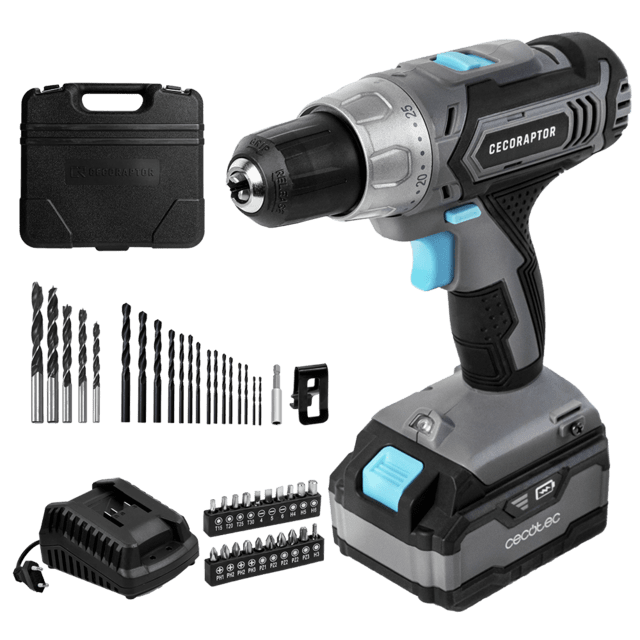 Cecotec CecoRaptor Perfect Drill 4020 Advance. Taladro Atornillador y Perforador de Batería 20 V y 4000 mAh Velocidad sin carga de 1550 rpm Torque máximo de 46 Nm 25+1 Posiciones Taladro con batería y atornillador