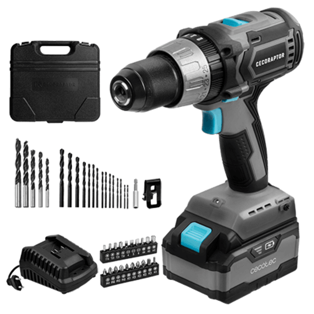 Cecotec CecoRaptor Perfect Drill 4020 X-Treme. Taladro Atornillador Perforador y Percutor de Batería 20 V y 4000 mAh Velocidad 1800 rpm Torque máximo de 50 Nm 25+1+1 Posiciones Taladro percutor con batería y atornillador