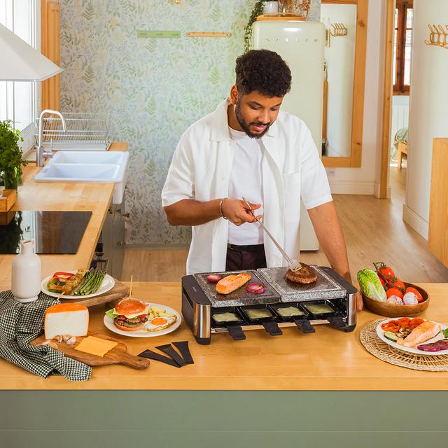 Cecotec Cheese&Grill 16000 Inox Allstone Máquina De Raclette Para 8 Personas Con Grill De 1400 W. Con Estructura De Diseño Con Acabados En Acero Inoxidable Termostato Regulable Y Placa De Piedra Natural Con Superficie Plana Pl