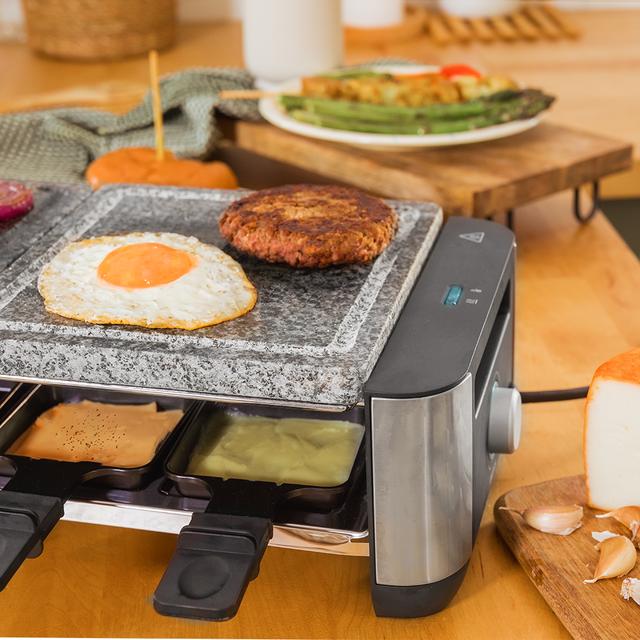 Cecotec Cheese&Grill 16000 Inox Allstone Máquina De Raclette Para 8 Personas Con Grill De 1400 W. Con Estructura De Diseño Con Acabados En Acero Inoxidable Termostato Regulable Y Placa De Piedra Natural Con Superficie Plana Pl