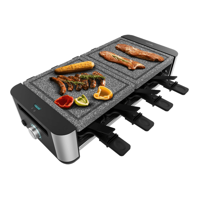 Cecotec Cheese&Grill 16000 Inox Allstone Máquina De Raclette Para 8 Personas Con Grill De 1400 W. Con Estructura De Diseño Con Acabados En Acero Inoxidable Termostato Regulable Y Placa De Piedra Natural Con Superficie Plana Pl