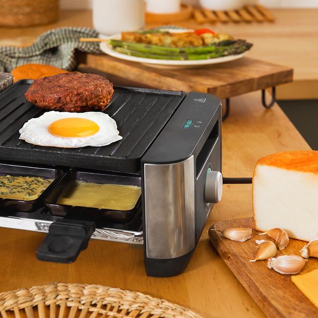 Cecotec Cheese&Grill 16000 Inox Black Máquina De Raclette Para 8 Personas Con Grill De 1400 W. Con Estructura De Diseño Con Acabados En Acero Inoxidable Termostato Regulable Y Placa De Asar Antiadherente De Aluminio Fundido Co