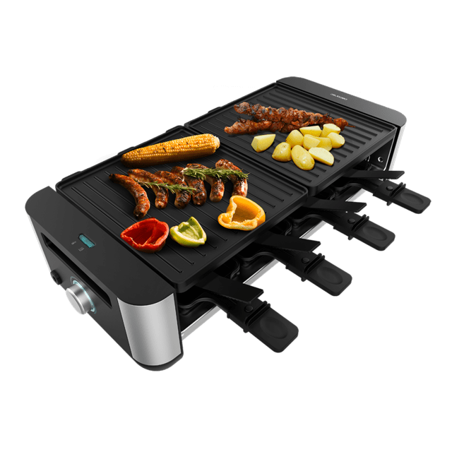 Cecotec Cheese&Grill 16000 Inox Black Máquina de raclette para 8 personas con grill de 1400 W. Con estructura de diseño con acabados en acero inoxidable termostato regulable y placa de asar antiadherente de aluminio fundido co