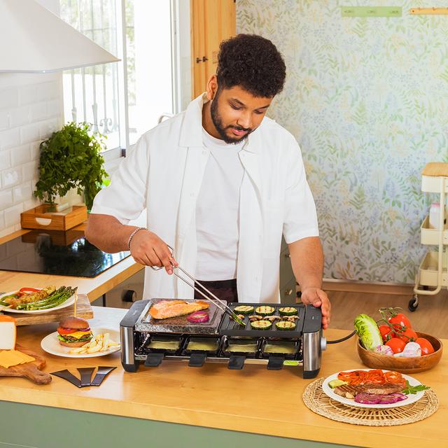 Cecotec Cheese&Grill 16000 Inox Mixgrill Máquina De Raclette Para 8 Personas Con Grill De 1400 W. Con Estructura De Diseño Con Acabados En Acero Inoxidable Termostato Regulable Y Dos Placas De Asar Una De Aluminio Fundido Con