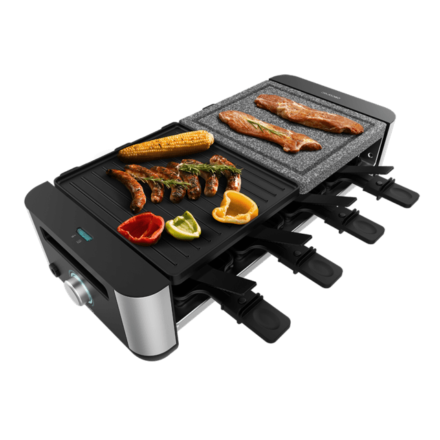 Cecotec Cheese&Grill 16000 Inox Mixgrill Máquina de Raclette para 8 personas con grill de 1400 W. Con estructura de diseño con acabados en acero inoxidable termostato regulable y dos placas de asar una de aluminio fundido con