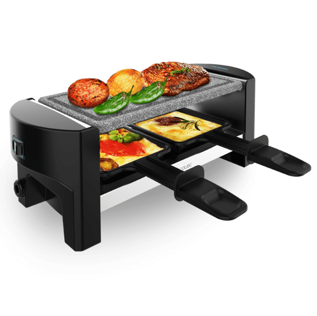 Cecotec Cheese&Grill 3200 Pocket AllStone Máquina de raclette para 2 personas con grill de 320 W. Con estructura de diseño con acabados en acero inoxidable botón de encendido y apagado y placa de asar de piedra. Incluye 2 sar