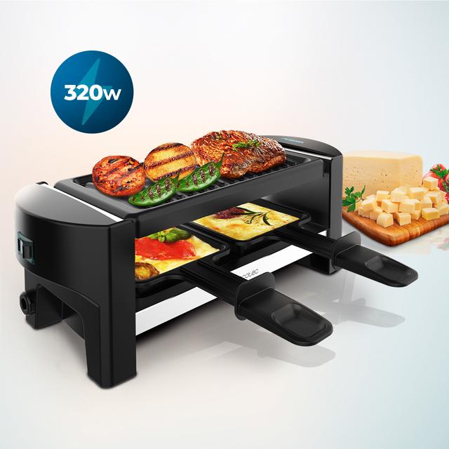Cecotec Cheese&Grill 3200 Pocket Máquina De Raclette Para 2 Personas Con Grill De 320 W. Con Estructura De Diseño Con Acabados En Acero Inoxidable Botón De Encendido Y Apagado Y Placa De Asar Antiadherente Con Superficie De G