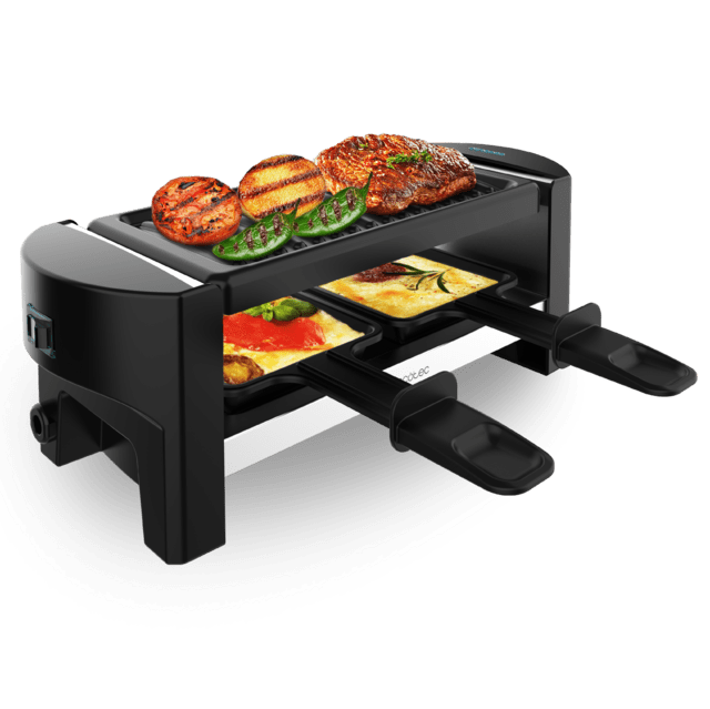 Cecotec Cheese&Grill 3200 Pocket Máquina de raclette para 2 personas con grill de 320 W. Con estructura de diseño con acabados en acero inoxidable botón de encendido y apagado y placa de asar antiadherente con superficie de g