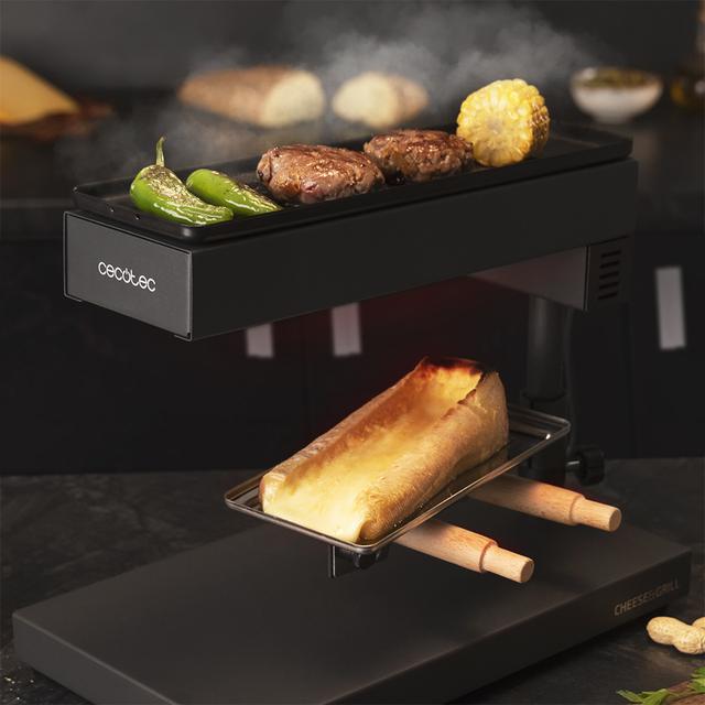 Cecotec Cheese&Grill 6000 Black. Raclette Con Potencia 600W Función Grill Acabado Acero INOX Termostato Regulable 2 Espátulas De Madera Parrilla Superior Antiadherente Raclette Para Queso