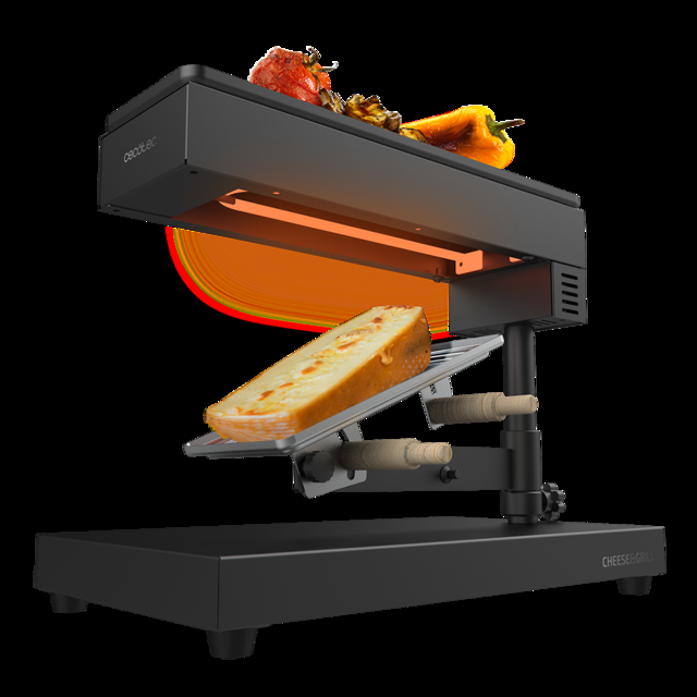 Cecotec Cheese&Grill 6000 Black. Raclette con Potencia 600W Función Grill Acabado Acero INOX Termostato Regulable 2 espátulas de Madera Parrilla Superior Antiadherente Raclette para queso
