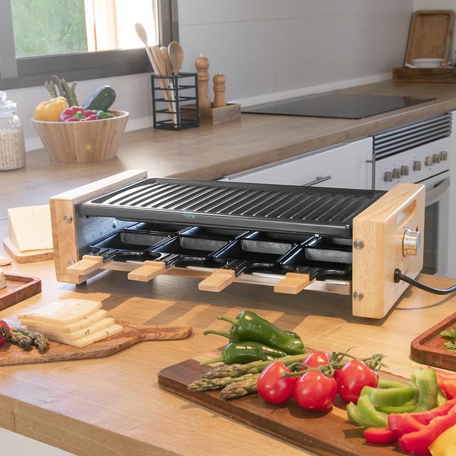 Cecotec Cheese&Grill 8200 Wood Black. Raclette De Madera Con 1200 W Superficie Grill 8 Sartenes Individuales Placa Antiadherente Termostato Regulable Diseño Extraíble Raclette Para Queso