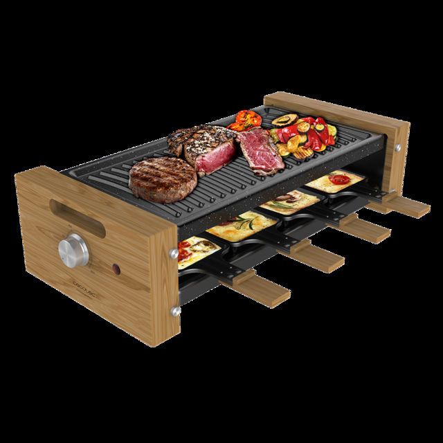 Cecotec Cheese&Grill 8200 Wood Black. Raclette de madera con 1200 W Superficie Grill 8 Sartenes individuales Placa antiadherente Termostato regulable Diseño extraíble Raclette para queso