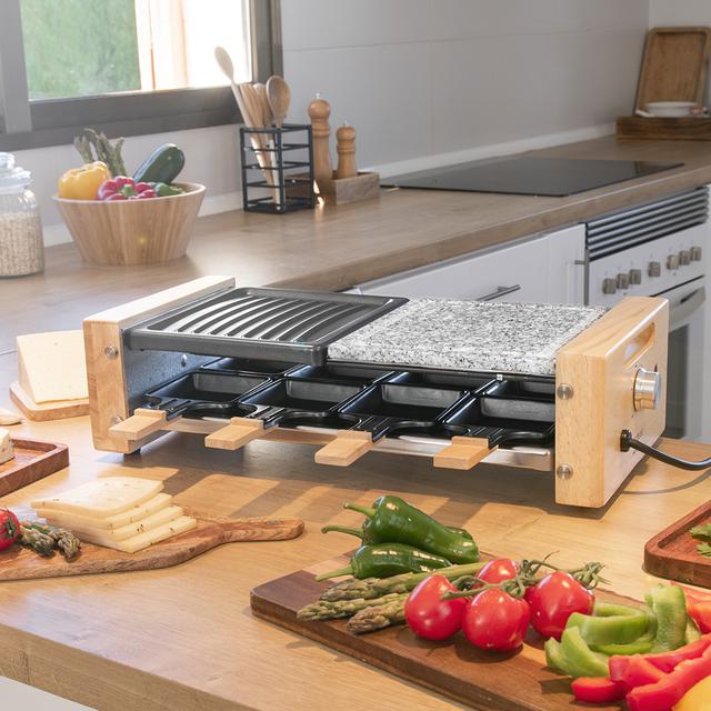 Cecotec Cheese&Grill 8400 Wood MixGrill. Raclette Con Potencia 1200 W Superficie Mixta Grill Y Plancha Termostato Regulable 8 Sartenes Individuales Diseño Extraíble Raclette Para Queso