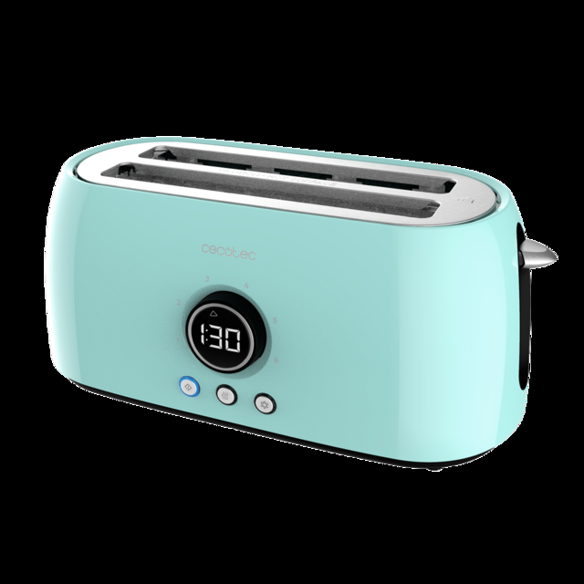 Cecotec ClassicToast 15000 Blue Extra Double.Tostadora Digital De 1500 W 2 Ranuras Largas Extraanchas Para 4 Tostadas Pantalla Digital 3 Funciones Varillas Superiores Turquesa Tostador Vertical Digital