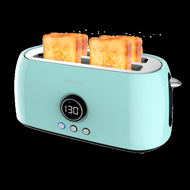 Cecotec ClassicToast 15000 Blue Extra Double.Tostadora Digital De 1500 W 2 Ranuras Largas Extraanchas Para 4 Tostadas Pantalla Digital 3 Funciones Varillas Superiores Turquesa Tostador Vertical Digital
