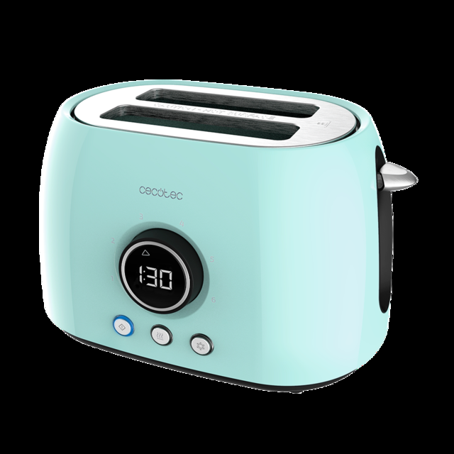 Cecotec ClassicToast 8000 Blue Double. Tostadora Digital de 800 W 2 Ranuras extraanchas para 2 tostadas Pantalla Digital 3 Funciones Varillas superiores Diseño Retro en Turquesa Tostadora vertical digital
