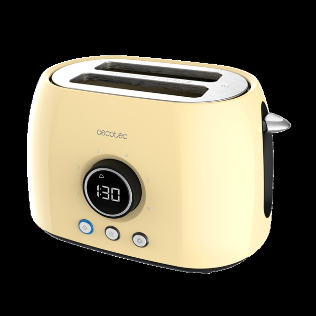 Cecotec ClassicToast 8000 Yellow Double. Tostadora Digital De 800 W 2 Ranuras Extraanchas Para 2 Tostadas Pantalla Digital 3 Funciones Varillas Superiores Diseño Retro En Amarillo Tostadora Digital Yellow De Doble Ranura Corta