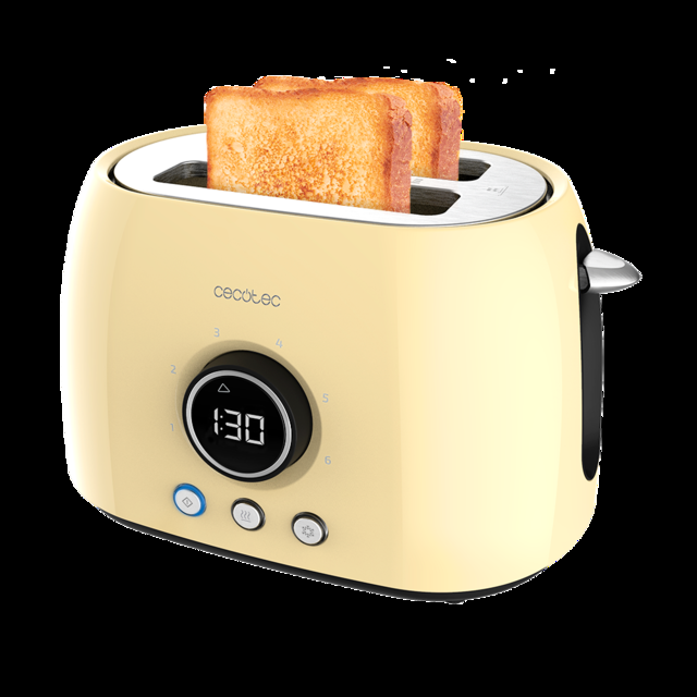 Cecotec ClassicToast 8000 Yellow Double. Tostadora Digital de 800 W 2 Ranuras extraanchas para 2 tostadas Pantalla Digital 3 Funciones Varillas superiores Diseño Retro en Amarillo Tostadora digital Yellow de doble ranura corta