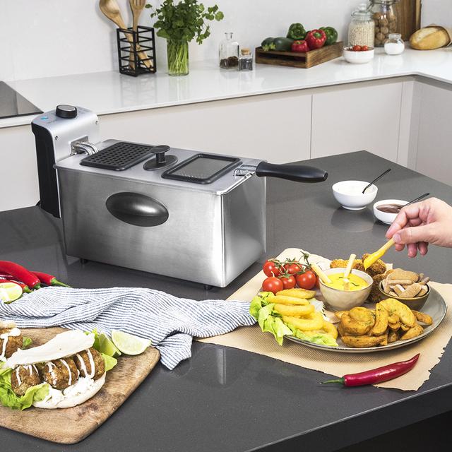 Cecotec CleanFry 3000 Full Inox. Freidora Eléctrica De 3L Acero Inoxidable Filtro OilClean 2180W De Potencia Tapa Con Ventana De Visión Y Filtro Antiolores. Freidora