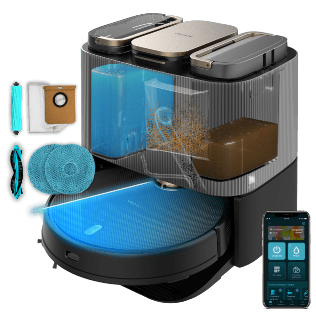 Cecotec Conga 13090 Spin Evolution Home&Wash Robot aspirador Base 4 en 1. Cuenta con tecnología láser. Incluye 2 cepillos centrales intercambiables: uno mixto y uno de silicona óptimo para pelo de mascotas. Mopas giratorias.