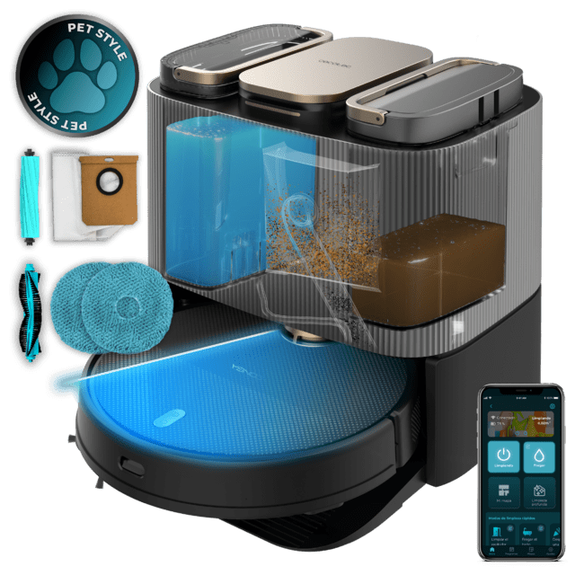 Cecotec Conga 13090 Spin Revolution Home&Wash Robot aspirador con Motor de succión 7000 Pa. Base 4 en 1. Cuenta con tecnología láser. Incluye 2 cepillos centrales intercambiables: uno mixto y uno de silicona óptimo para pelo