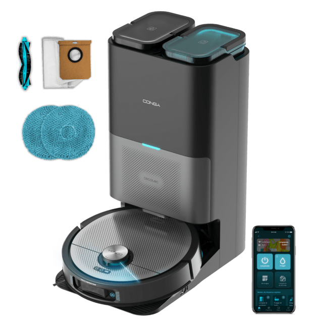 Cecotec Conga 20090 ProAI EndlessFoam Robot aspirador con Tecnología láser de navegación y detección de objetos. Base de autovaciado con tanques de agua limpia y agua sucia bolsa de polvo y dosificador de jabón. Autolimpiez