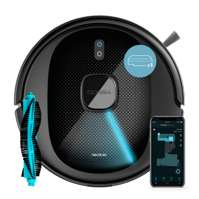 Cecotec Conga 7490 Immortal Genesis. Robot aspirador con tecnología de navegación láser. Limpieza 4 en 1: barre aspira friega y pasa la mopa. Potencia de succión de 2600 Pa. 120 minutos de autonomía. Cepillo central multifu