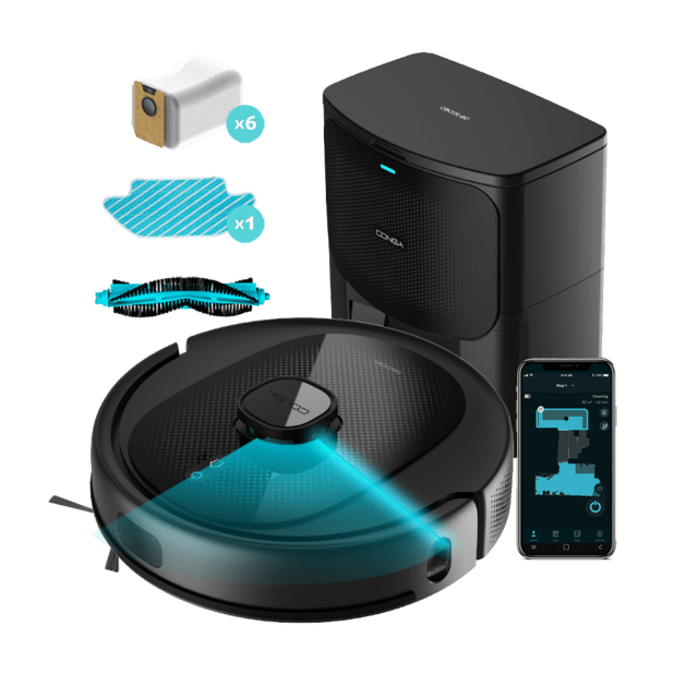 Cecotec Conga 7490 Immortal Home 6 Pack Robot aspirador con navegación láser y base de autovaciado. 4 en 1: barre aspira friega y pasa la mopa. Potencia de succión de 2600 Pa. 120 minutos de autonomía. Cepillo central multif