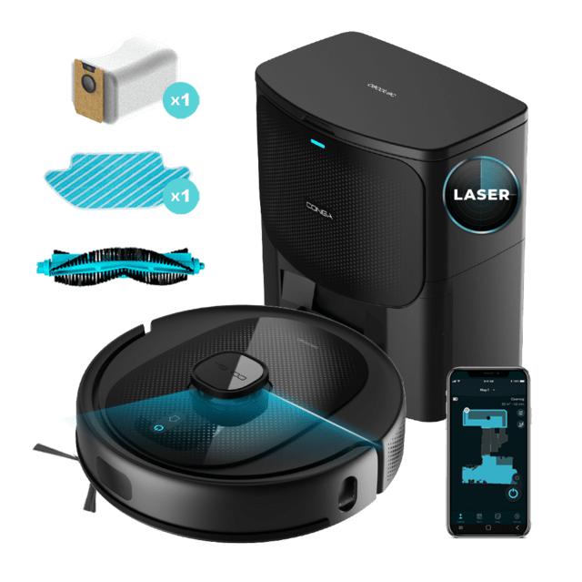 Cecotec Conga 7490 Immortal Home Genesis Robot aspirador con navegación láser y base de autovaciado. 4 en 1: barre aspira friega y pasa la mopa. Potencia de succión de 2600 Pa. 120 minutos de autonomía. Cepillo central multi
