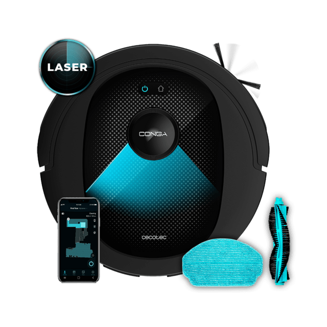 Cecotec Conga 7490 Ultimate Genesis Robot aspirador con tecnología de navegación láser. Limpieza 4 en 1: barre aspira friega y pasa la mopa. Potencia de succión de 4000 Pa. 120 minutos de autonomía. Cepillo central multifun