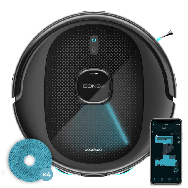 Cecotec Conga 9590 Spin Revolution Ultra Power Robot Aspirador Con Navegación Láser Inteligente. 4 En 1: Barre Aspira Friega Y Pasa Las Mopas. 10.000 Pa De Succión. Máximo 240 Minutos De Autonomía. Fregado Profesional Con M