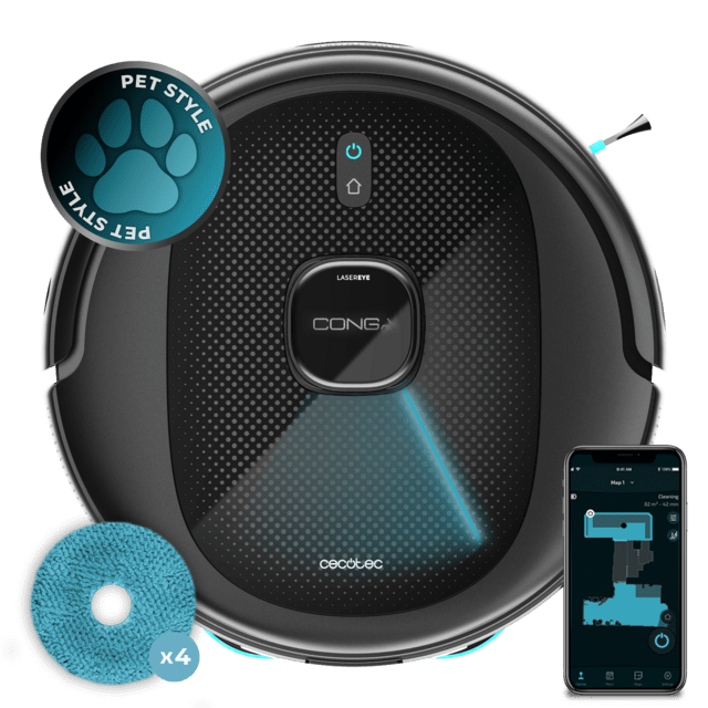 Cecotec Conga 9590 Spin Revolution Ultra Power Robot aspirador con navegación láser inteligente. 4 en 1: barre aspira friega y pasa las mopas. 10.000 Pa de succión. Máximo 240 minutos de autonomía. Fregado profesional con m