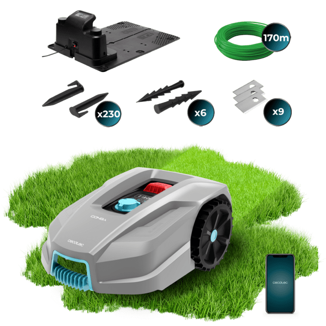 Cecotec Conga GrassHopper 800 Connected Robot cortacésped con Motor Digital Brushless. Para superficies de hasta 800 m2. Pendiente máxima de 35%. Regulador de las hojas de corte. Sensor detector de lluvia. Control APP. Robot c