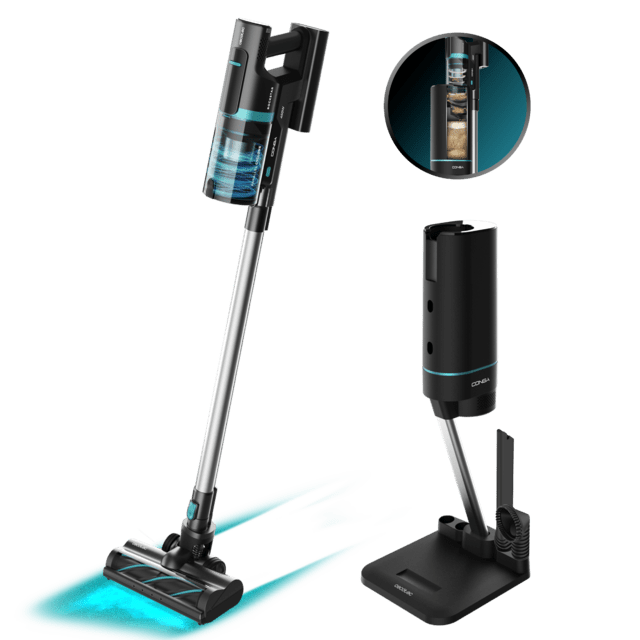 Cecotec Conga Rockstar 10000 Nebula Station Aspirador escoba sin cables sin bolsa 3 en 1 con ciclón paralelo y base de autovaciado. Potencia de 450 W 30 kPa y 70 minutos de autonomía. Tubo rígido extensible y cepillo mixto. A