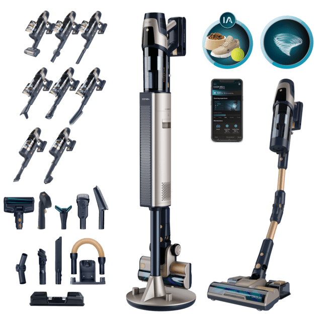 Cecotec Conga Rockstar 11500 Odyssey Station Connected IA Aspirador escoba sin cable con base de autovaciado. 300 AW y 850 W. Tubo flexible. Inteligencia Artificial y contador de partículas. APP. Cepillo de animales y accesorio