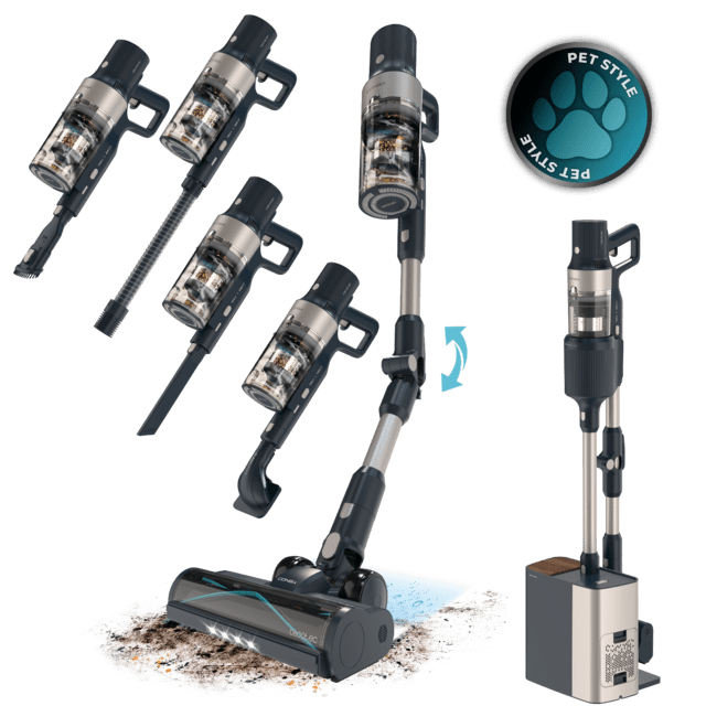 Cecotec Conga Rockstar 5500 Hurricane Station Pet Flex Aspirador vertical con base de autovaciado. 220 AW y 700 W. Tubo flexible y ciclón paralelo. 90 minutos de autonomía en modo Eco. HairLess Brush cepillo antienredos. Acces