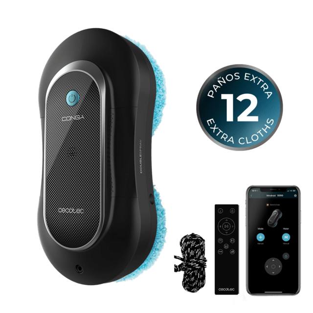 Cecotec Conga Windroid 1090 Double Spray Connected Robot limpiacristales 3 en 1: pulveriza limpia y seca. Pulveriza con spray en cada lateral. 8 modos de limpieza. Incluye app y mando para un control total de movimiento. 12 mopa