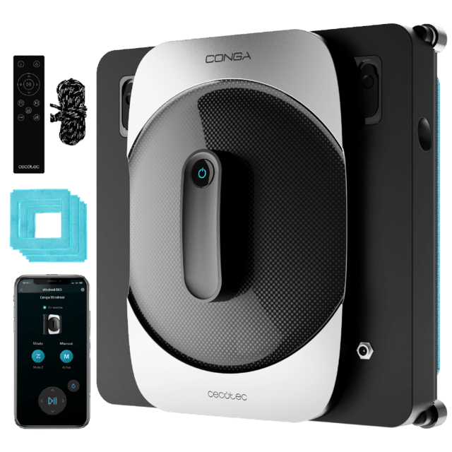 Cecotec Conga Windroid 1290 DoubleSpray Connected T Robot limpiacristales inteligente con diseño cuadrado para llegar a todas las esquinas doble spray de agua mando a distancia y APP. Robot limpiacristales