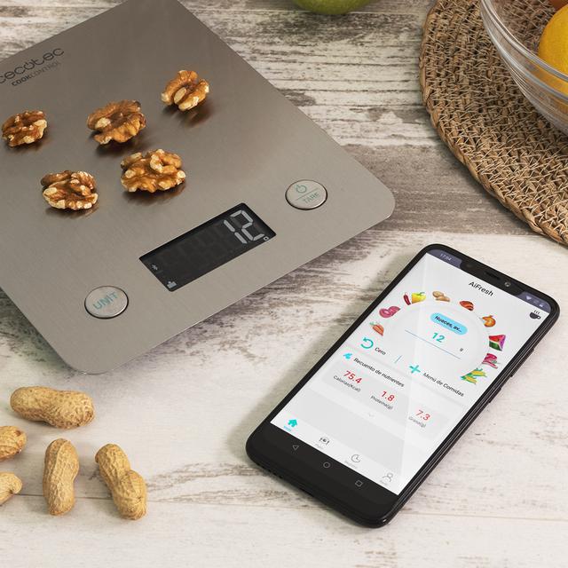 Cecotec Cook Control 10000 Connected Báscula De Cocina Con App Acabado En Acero INOX Precisión De 1 Gr Capacidad De 5 Kg Pantalla LCD Diseño Extraplano Recubrimiento Antihuellas Báscula De Cocina
