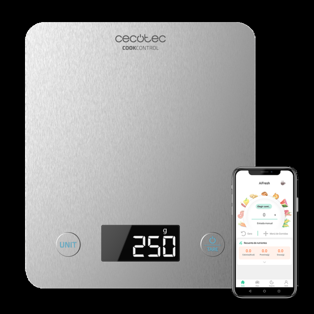 Cecotec Cook Control 10000 Connected Báscula De Cocina Con App Acabado En Acero INOX Precisión De 1 Gr Capacidad De 5 Kg Pantalla LCD Diseño Extraplano Recubrimiento Antihuellas Báscula De Cocina