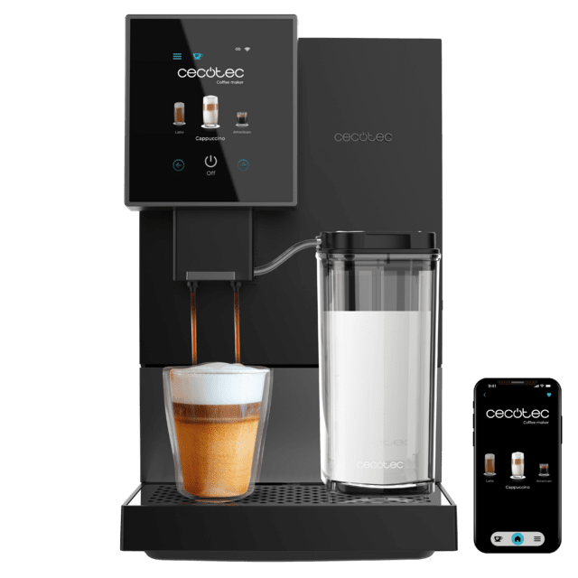 Cecotec Cremmaet Compactccino Connected Black Silver Cafetera superautomática compacta con 19 bares pantalla TFT y Wifi tanque de leche y sistema Thermoblock. Cafetera superautomática