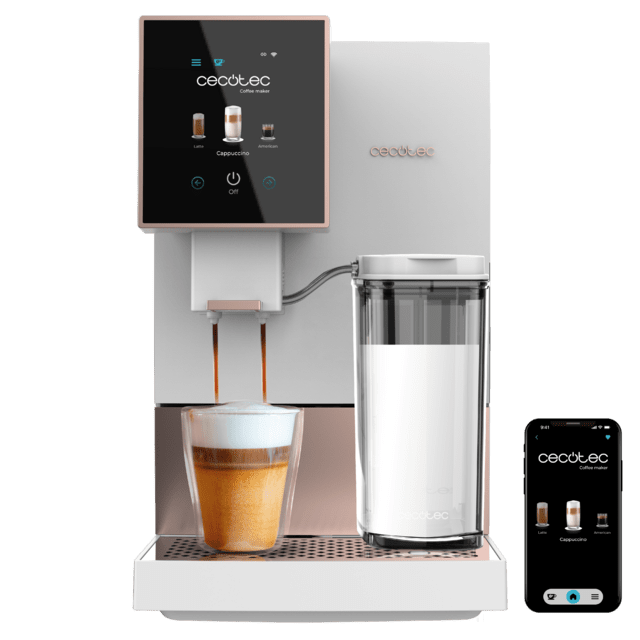Cecotec Cremmaet Compactccino Connected White Rose Cafetera superautomática compacta con 19 bares pantalla TFT y Wifi tanque de leche y sistema Thermoblock. Cafetera superautomática