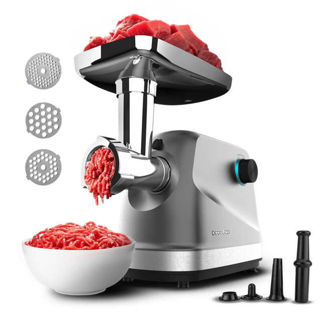 Cecotec Crusher 1400 Steel Picadora de carne eléctrica de 1360 W con 1 cuchilla y 3 placas de corte. Picadora