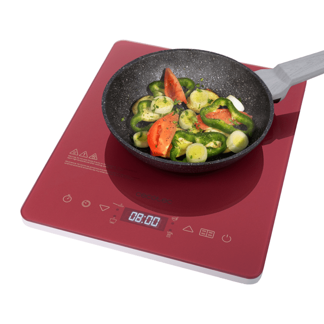 Cecotec Crystal Scarlet. Placa inducción portátil Full con Potencia 2000 W Temperatura regulable 4 Programas preconfigurados Temporizador Sartenes hasta 28 cm Placa de inducción portátil 2000 W de color granate  