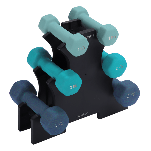 Cecotec DrumFit Dumbbell 123 Neoprene Set de 6 mancuernas hexagonales sweatproof de 1 2 y 3 Kg con recubrimiento de neopreno de alta adherencia para favorecer un mayor agarre y comodidad durante el ejercicio. Indicado para todo